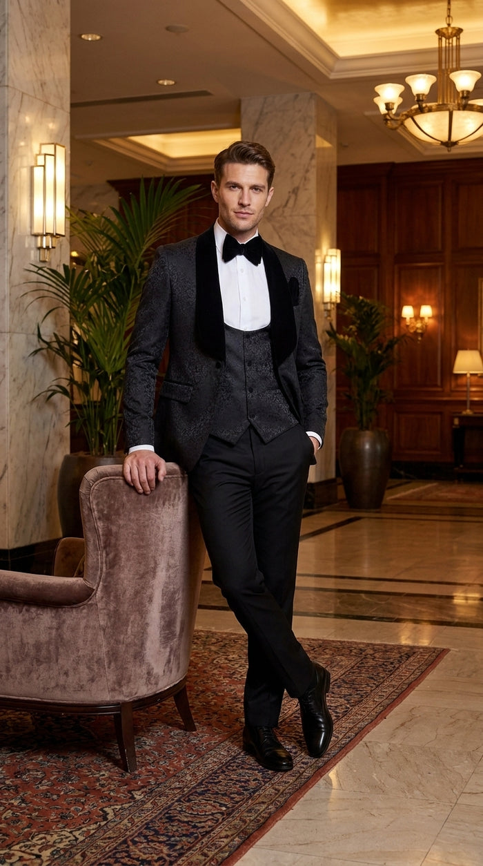 Rossi Man Men’s Black 3-Piece Tuxedo - Floral Jacquard Shawl Lapel Wedding and Prom Suit