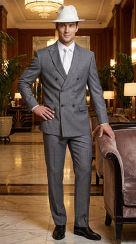 Men’s Grey 1920s Gangster Suit Package – Double-Breasted Suit with Untouchable Hat, Shirt and Tie