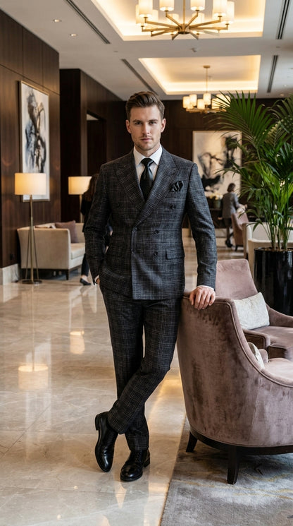 Rossi Man Men’s Charcoal Plaid Double-Breasted Suit – Windowpane Wedding, Business and Formal 2-Piece Suit  Modern Fit