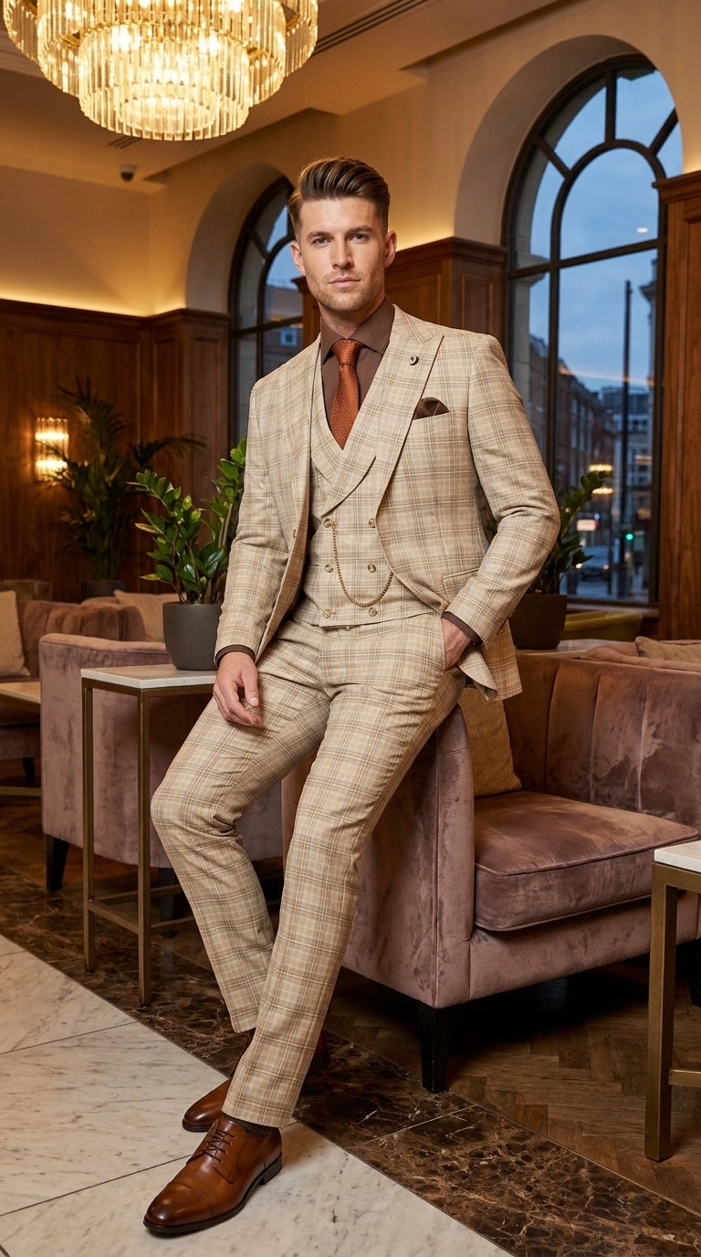 Marc Darcy Men’s Khaki Tan Windowpane Plaid 3-Piece Wedding Suit – Double-Breasted Vest and Matching Pants Modern Fit