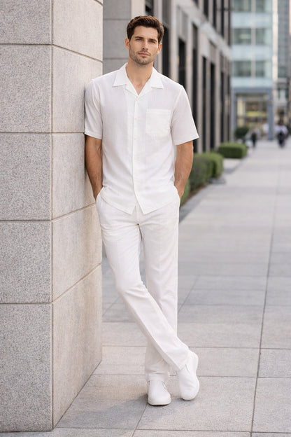 Men's White Linen 2 Piece Short Sleeve Casual Outfit Casual Two Piece Mens Walking Outfit For Sale Pant Sets Suit all white outfits for men