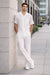 Men's White Linen 2 Piece Short Sleeve Casual Outfit Casual Two Piece Mens Walking Outfit For Sale Pant Sets Suit all white outfits for men