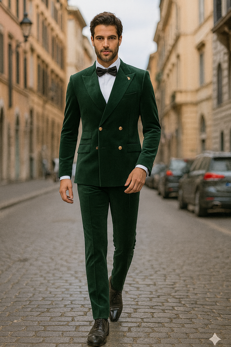 Mens Velvet Suit - Slim Fit Double Breasted Suit Blazer and Pants - Green