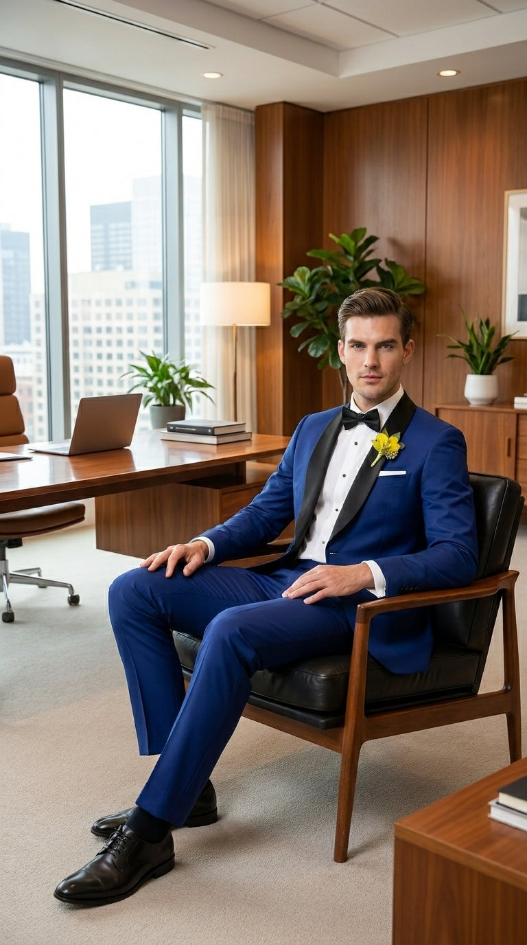 Men’s Royal Blue Tuxedo Dress Suit with Black Shawl Lapel, Formal Wedding Prom Suit