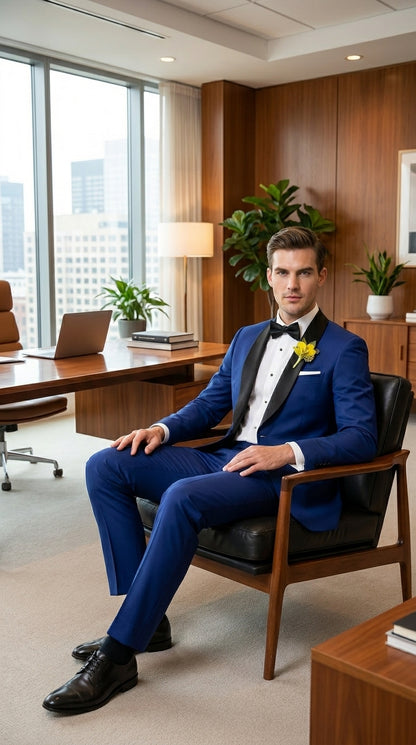 Men’s Royal Blue Tuxedo Dress Suit with Black Shawl Lapel, Formal Wedding Prom Suit