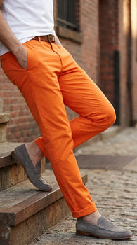 Men’s Orange Dress Pants with Flat Front, Smart Casual Formal Trousers