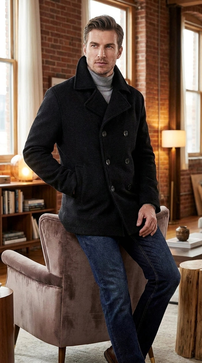 Men’s Black Big and Tall Wool Peacoat – Regular Fit Double-Breasted Winter Coat