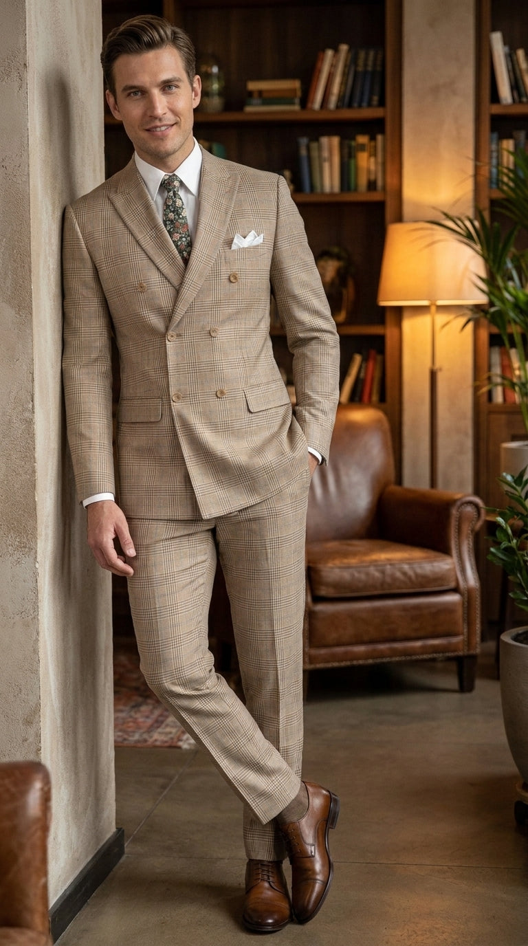 Alexander Collection Men’s Beige Double-Breasted Windowpane Suit – Regular Fit 2-Piece Wedding, Business and Formal Suit