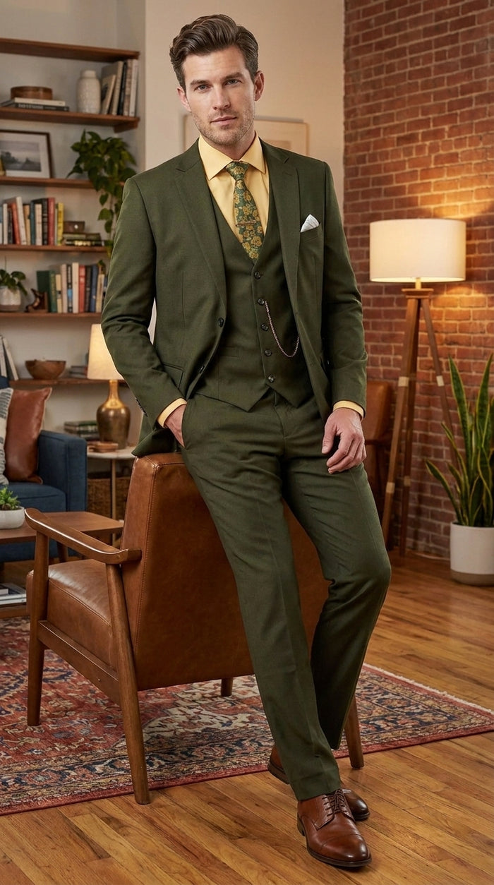 Men's Olive Green 3 Piece Suit – Classic Fit Vested Wedding, Business & Formal Suit with Flat Front Pants