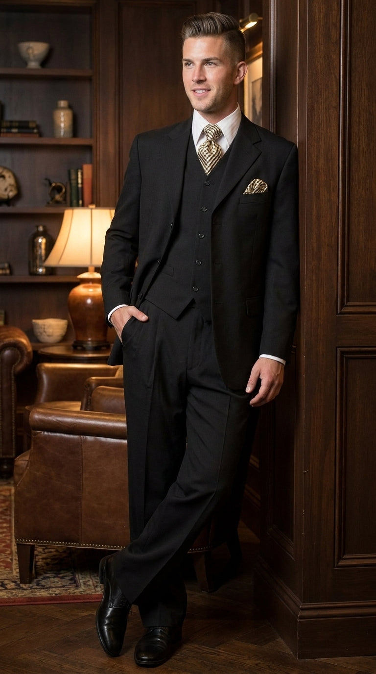 Men’s Black 3-Piece Suit – Classic Fit Three-Button Vested Suit with Single-Pleated Pants