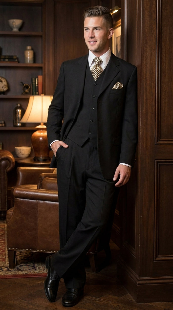 Men’s Black 3-Piece Suit – Classic Fit Three-Button Vested Suit with Single-Pleated Pants