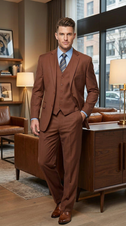 Morgan Collection Men's Cognac 3 Piece Suit – Regular Fit 2 Button Wedding, Business & Formal Suit  Modern Fit