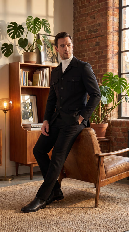 Men’s Black Safari Walking Suit, Utility Jacket and Trousers Casual Dress Set