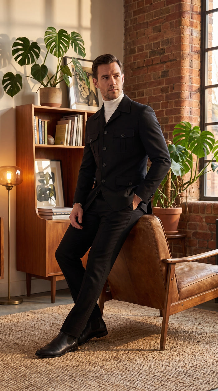 Men’s Black Safari Walking Suit, Utility Jacket and Trousers Casual Dress Set