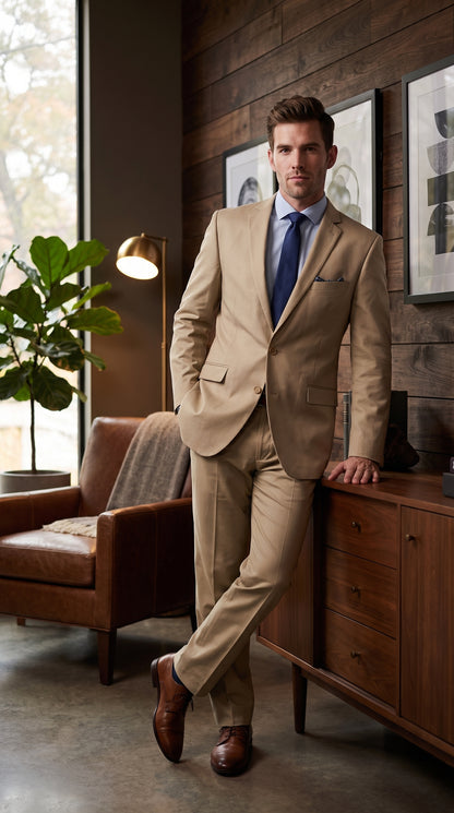 Renoi Designer 203-11 Men’s Light Tan 2 Piece Suit, Single Breasted Notch Lapel Formal Dress Suit Modern Fit