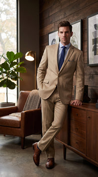 Renoi Designer 203-11 Men’s Light Tan 2 Piece Suit, Single Breasted Notch Lapel Formal Dress Suit