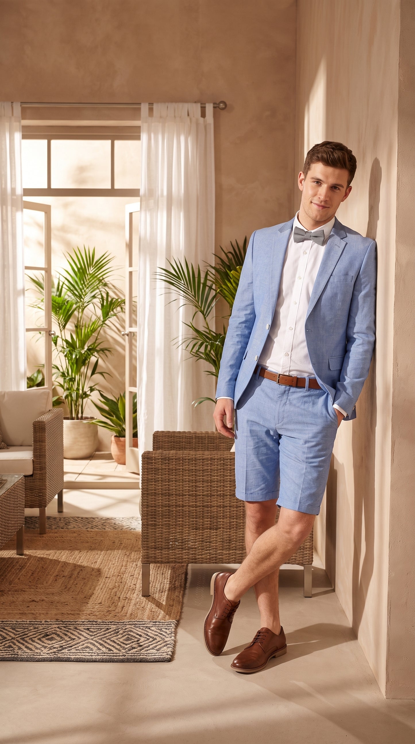 Men’s Light Blue Short Pants Suit Set, 2 Button Summer Wedding Prom Outfit