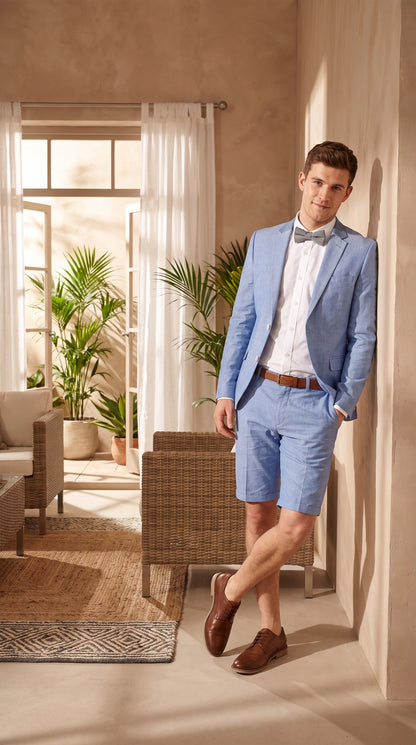 Men’s Light Blue Short Pants Suit Set, 2 Button Summer Wedding Prom Outfit