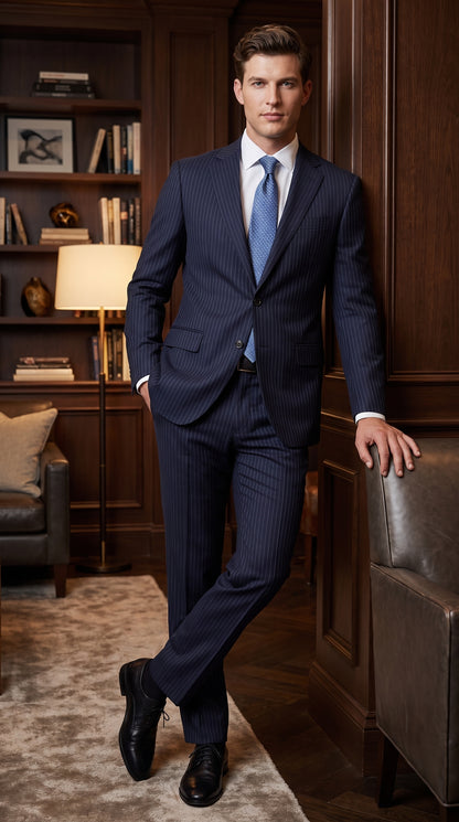 Men’s Dark Navy Pinstripe 2 Button Suit, Side Vent Back Formal Business Dress Suit
