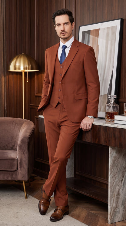 Men’s Brown Rust Stacy Adams 2 Button Vested Suit, Basic Designer 3 Piece Formal Dress Suit Modern Fit