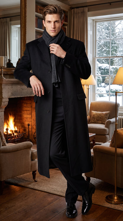 Alberto Nardoni Men’s Black Full Length Cashmere Blend Overcoat, Loro Piana Fabric Winter Dress Topcoat