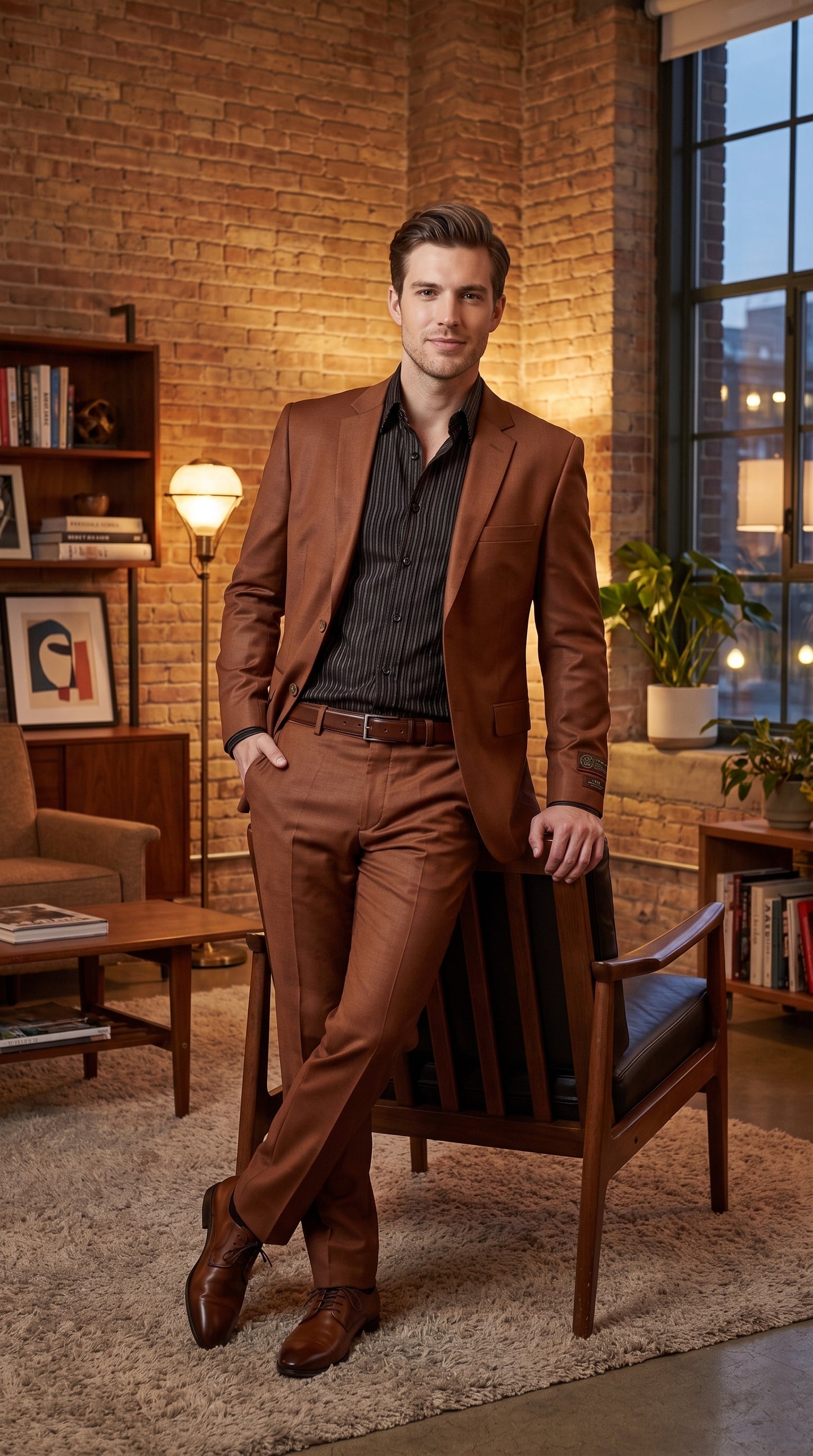 Men’s Rust Sharkskin 2-Piece Suit – Designer Two-Button Formal Suit with Sheen Finish