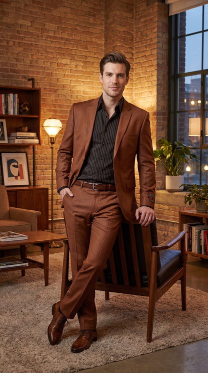 Men’s Rust Sharkskin 2-Piece Suit – Designer Two-Button Formal Suit with Sheen Finish