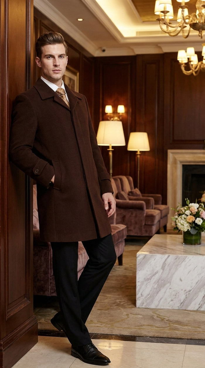 Men’s Brown Plush Microfiber Top Coat – Classic Full-Length Dress Coat for Business, Church and Formal Wear