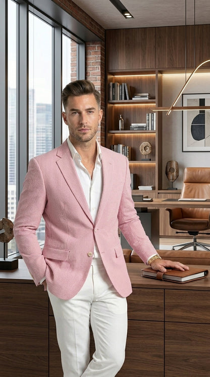 Men’s Light Red Seersucker Blazer Jacket with Notch Lapel, Dress Casual Sport Coat