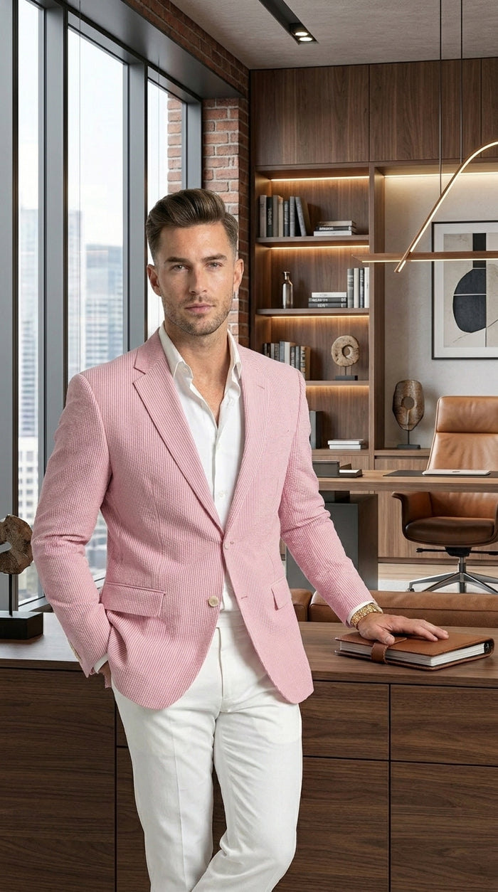 Men’s Light Red Seersucker Blazer Jacket with Notch Lapel, Dress Casual Sport Coat