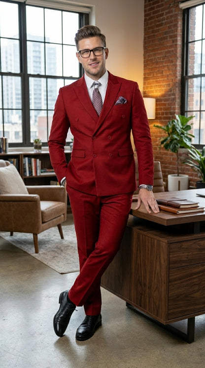 Men’s Modern Double Breasted Peak Lapel Suit – Red by EJ Samuel
