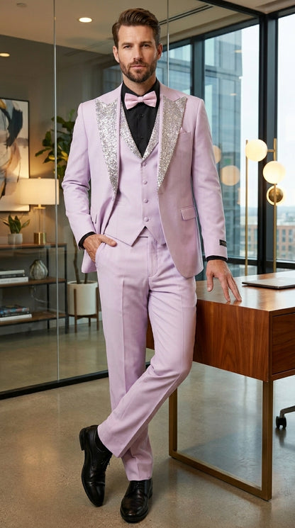 Gray and Pink Prom Tuxedo - Perfect Wedding Suit Vested rhinestone sequin Lapelled