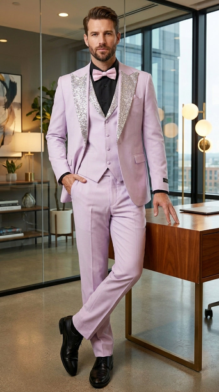 Gray and Pink Prom Tuxedo - Perfect Wedding Suit Vested rhinestone sequin Lapelled