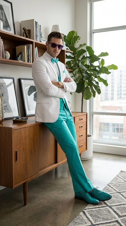 White and Turquoise Tuxedo Wedding Suit - White Dinner Jacket + Vest + Pants + Bow-tie