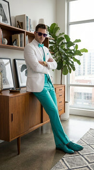 White and Turquoise Tuxedo Wedding Suit - White Dinner Jacket + Vest + Pants + Bow-tie