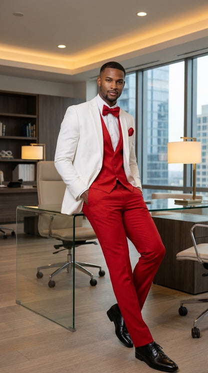 White and Red Tuxedo Wedding Suit - White Dinner Jacket + Vest + Pants + Bow-tie