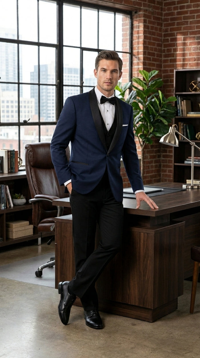 Suit Midnight Dark Navy Blue Suit For Men Tux With Black Lapel Suit Shawl Collar 1 Button Dinner Jacket Looking