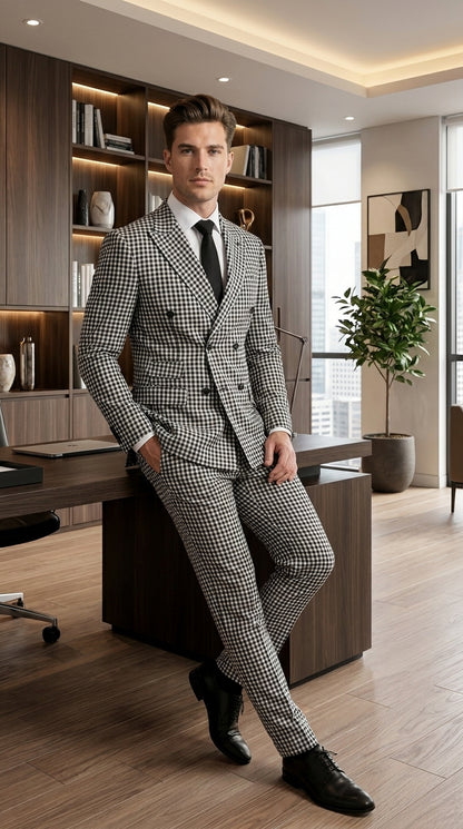 Men’s Black and White Houndstooth 2 Piece Wool Suit with Double Breasted Jacket and Pants