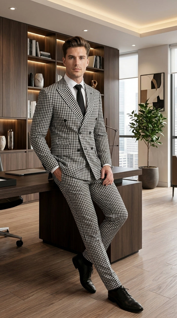 Men’s Black and White Houndstooth 2 Piece Wool Suit with Double Breasted Jacket and Pants  Modern Fit