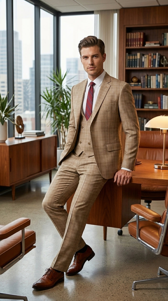 Men’s Renaissance Collection Camel 3 Piece Suit with Jacket, Vest and Pants, Formal Wedding Dress Suit Modern Fit