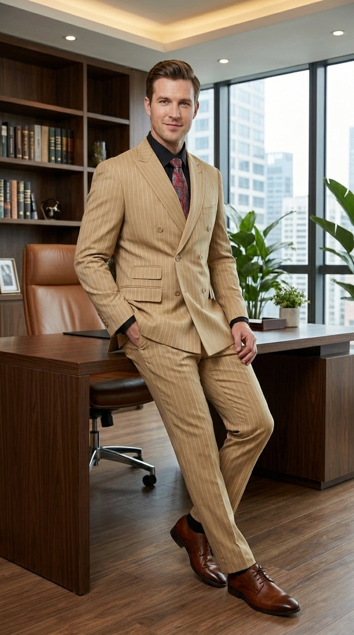 Mens Double Breasted Gangster Bold Pinstripe Suit in Camel