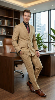 Mens Double Breasted Gangster Bold Pinstripe Suit in Camel