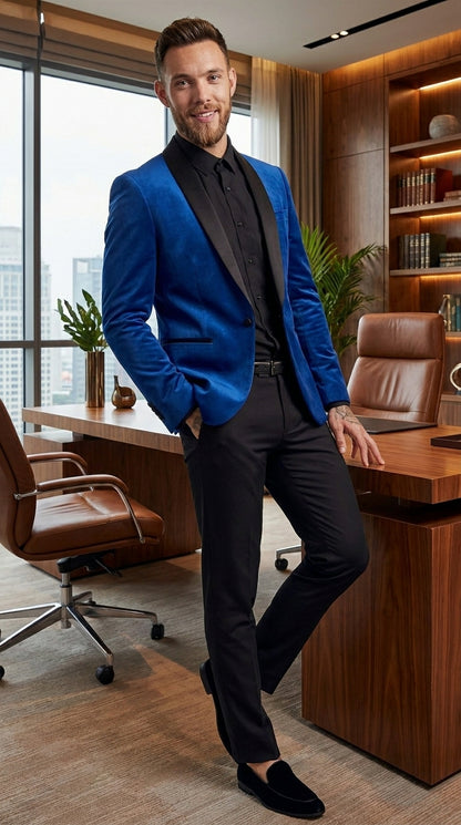 Men’s Blue 1 Button Blazer Jacket with Black Pants, Formal Party Wedding Dress Suit