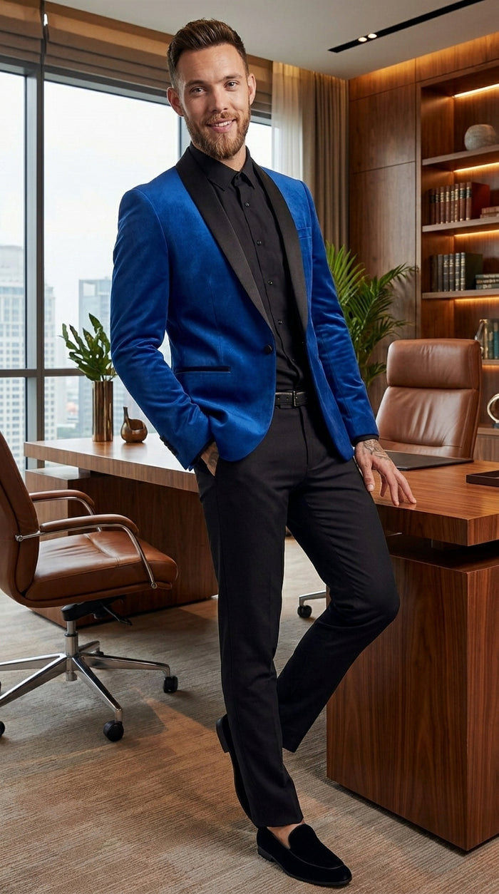 Men’s Blue 1 Button Blazer Jacket with Black Pants, Formal Party Wedding Dress Suit