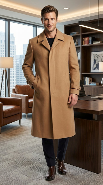 Men’s Toast Full Length 53 Inch Top Coat with Single Breasted Front, Microfiber Dress Overcoat