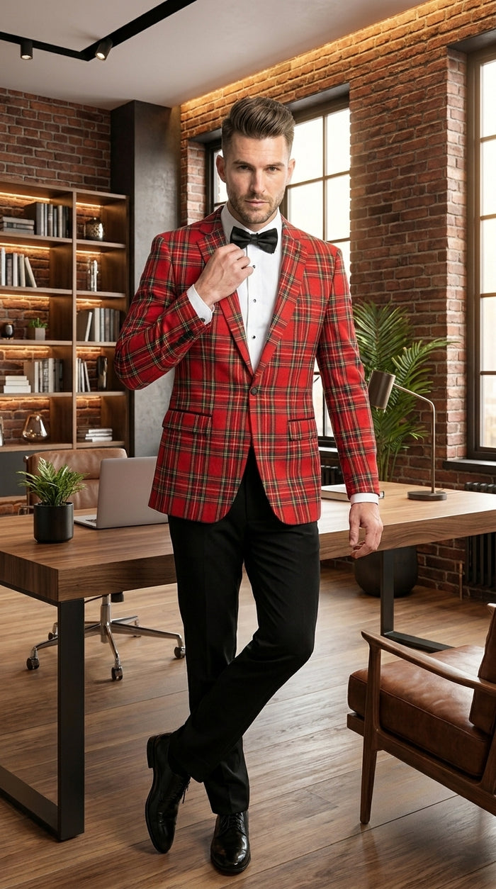 Men’s Red Tartan Plaid Tuxedo Jacket with Black Shawl Lapel, Holiday Christmas Wedding Prom Blazer