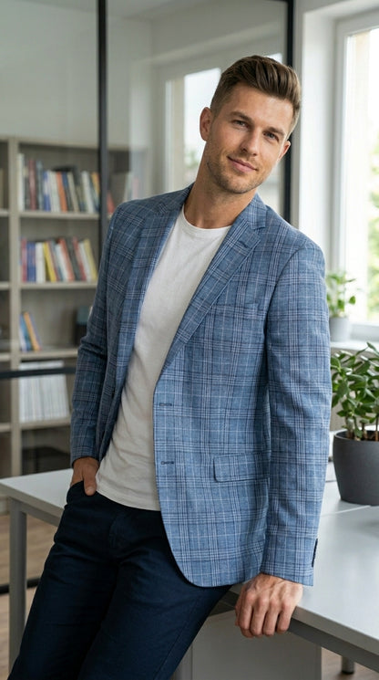 Men’s Blue Plaid Windowpane Blazer, Textured Pattern Sport Coat for Weddings, Parties, Business Casual, and Special Occasions