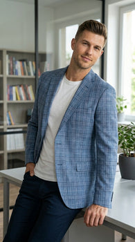 Men’s Blue Plaid Windowpane Blazer, Textured Pattern Sport Coat for Weddings, Parties, Business Casual, and Special Occasions