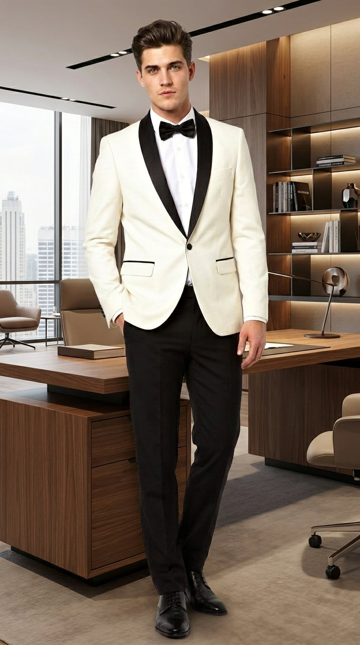 Men’s Ivory Cream Dinner Jacket Tuxedo with Black Shawl Lapel, White Blazer and Black Trouser Formal Suit for Weddings, Prom, Parties, and Special Occasions