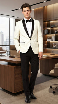 Men’s Ivory Cream Dinner Jacket Tuxedo with Black Shawl Lapel, White Blazer and Black Trouser Formal Suit for Weddings, Prom, Parties, and Special Occasions